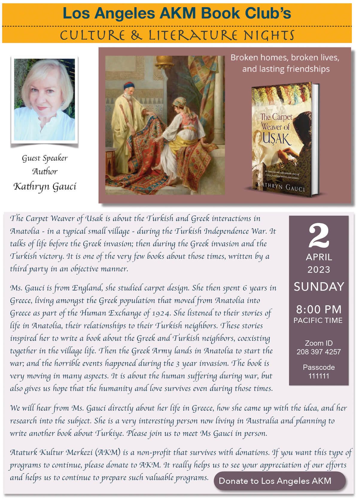 Los Angeles AKM Book Club - Kathryn Gauci - The Carpet Weaver of Usak